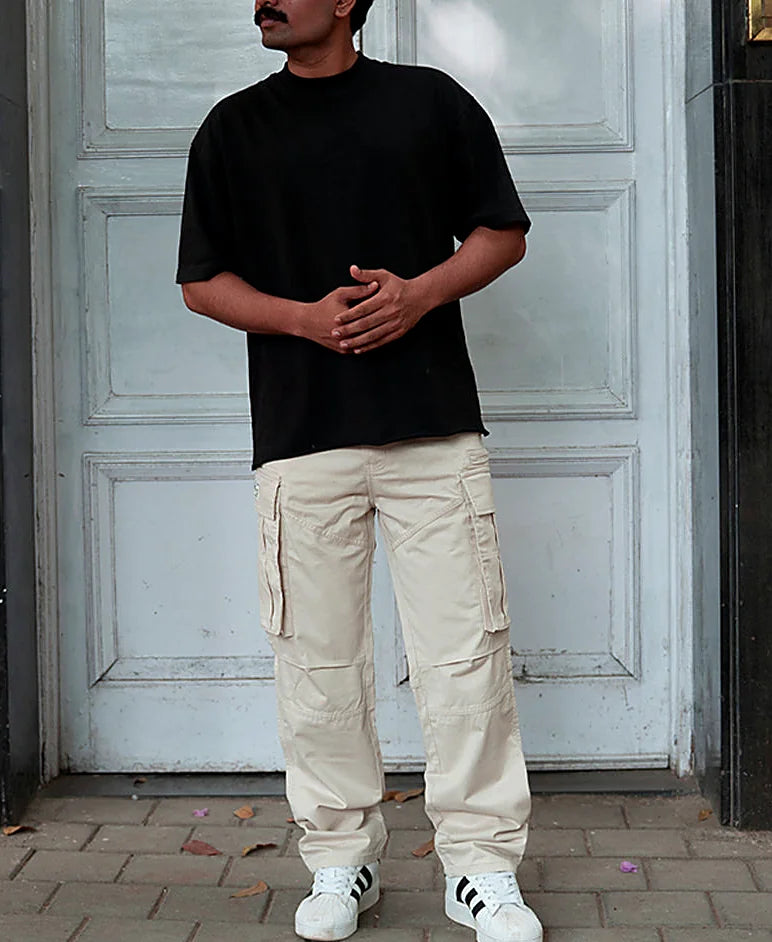 Beige Overdyed Cotton Cargo Pants