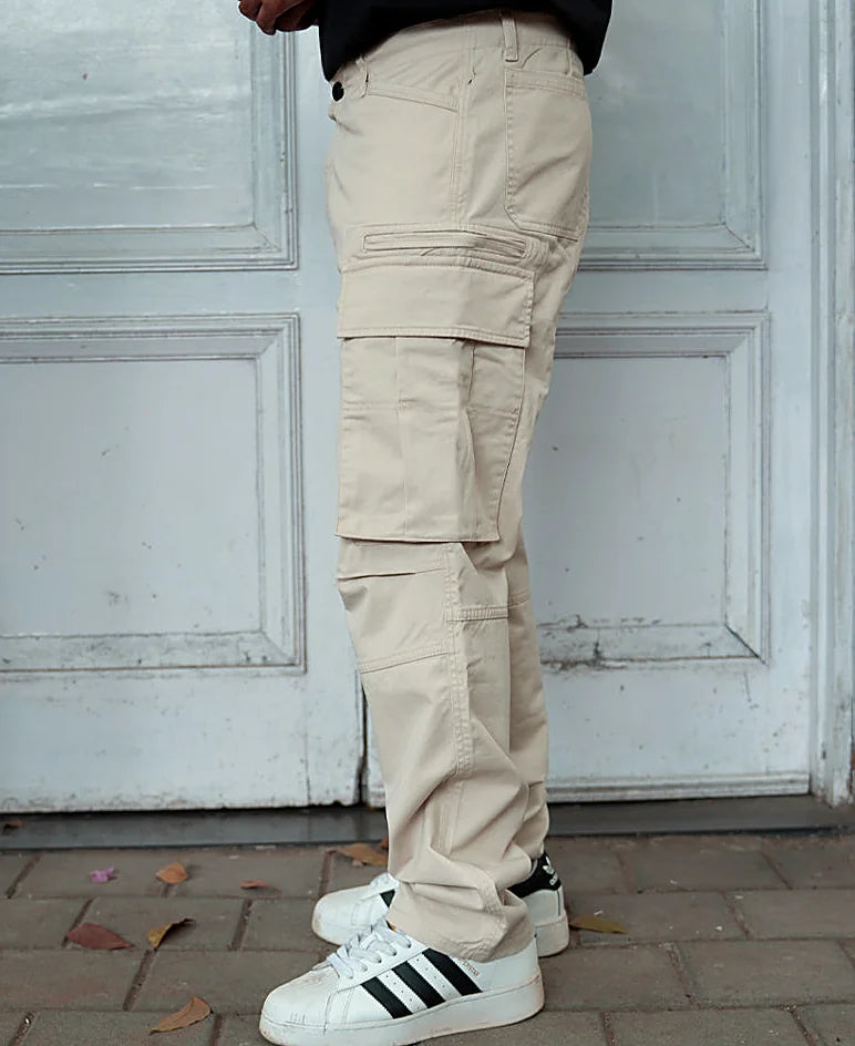 Beige Overdyed Cotton Cargo Pants