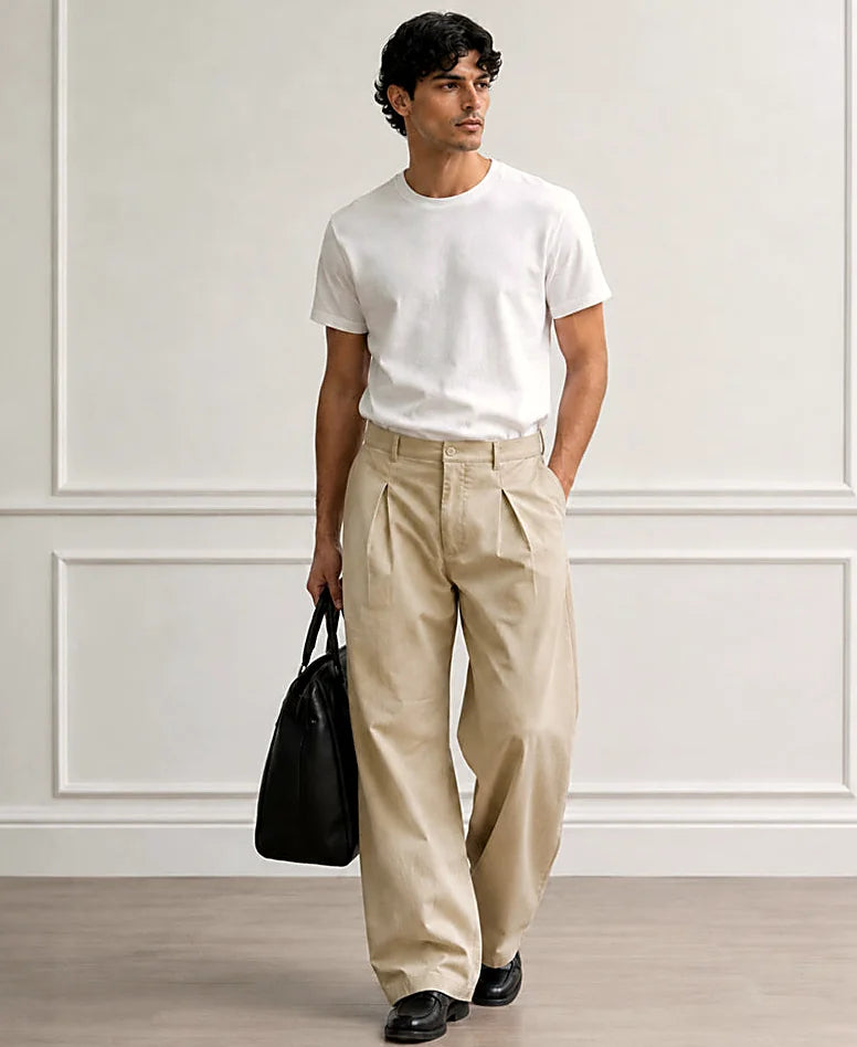 Beige Pleated Baggy Trousers