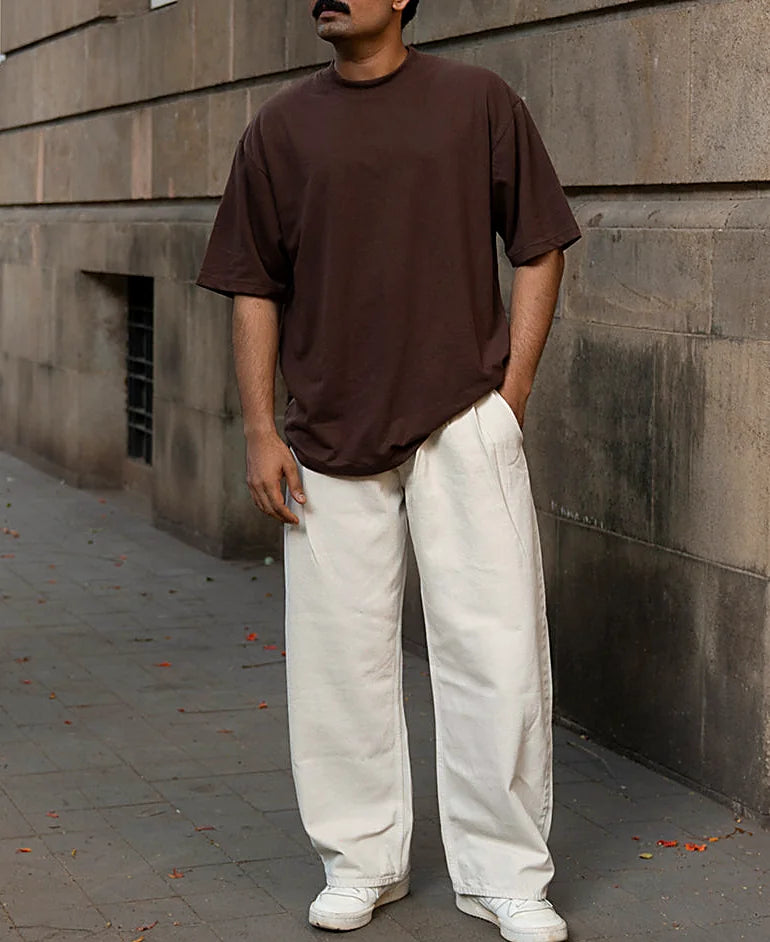 Beige Pleated Barrel Fit Jeans