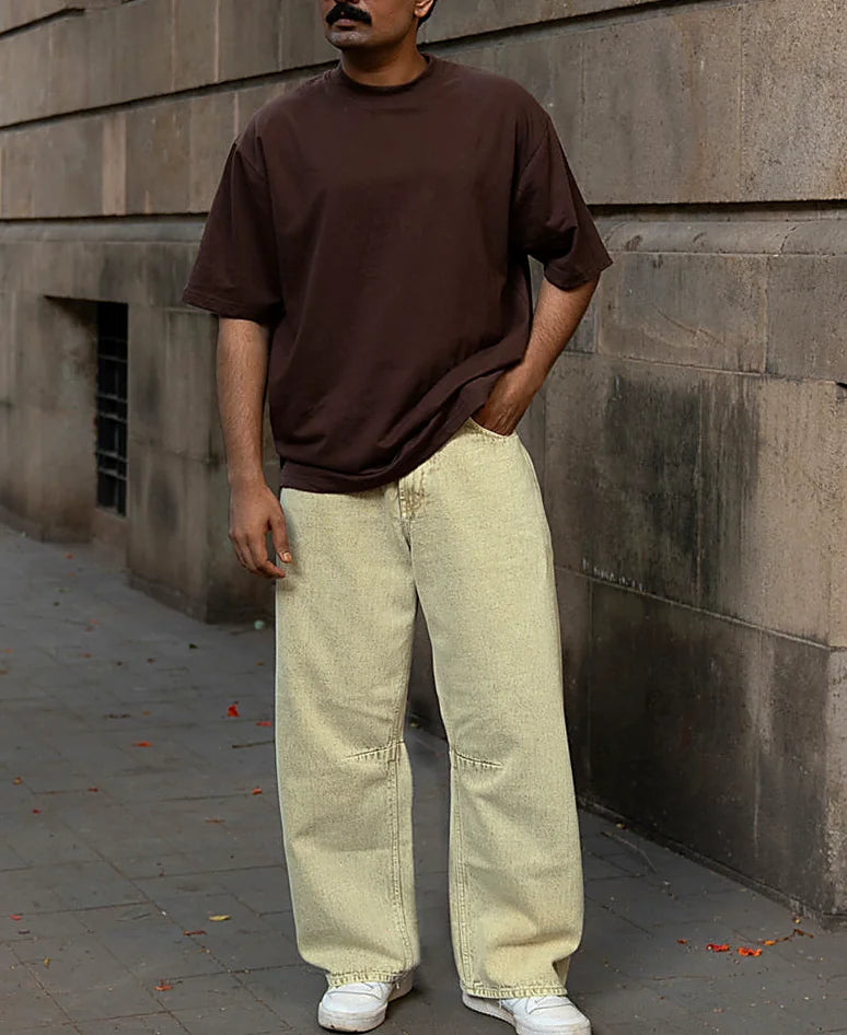 Beige Washed Barrel Fit Jeans