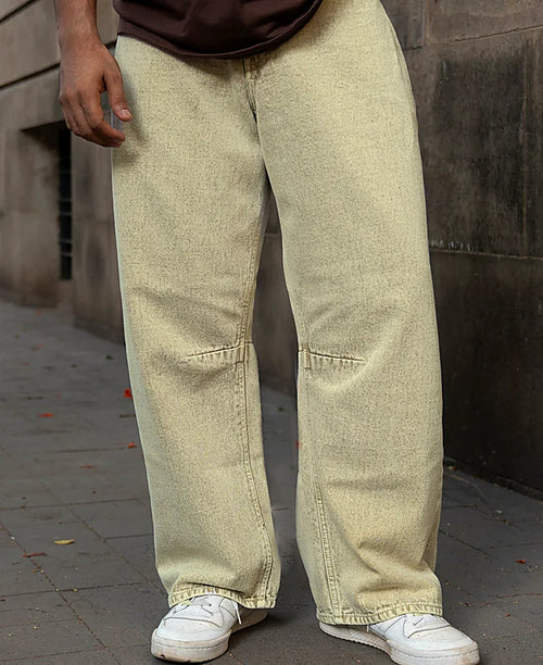 Beige jeans with a barrel leg