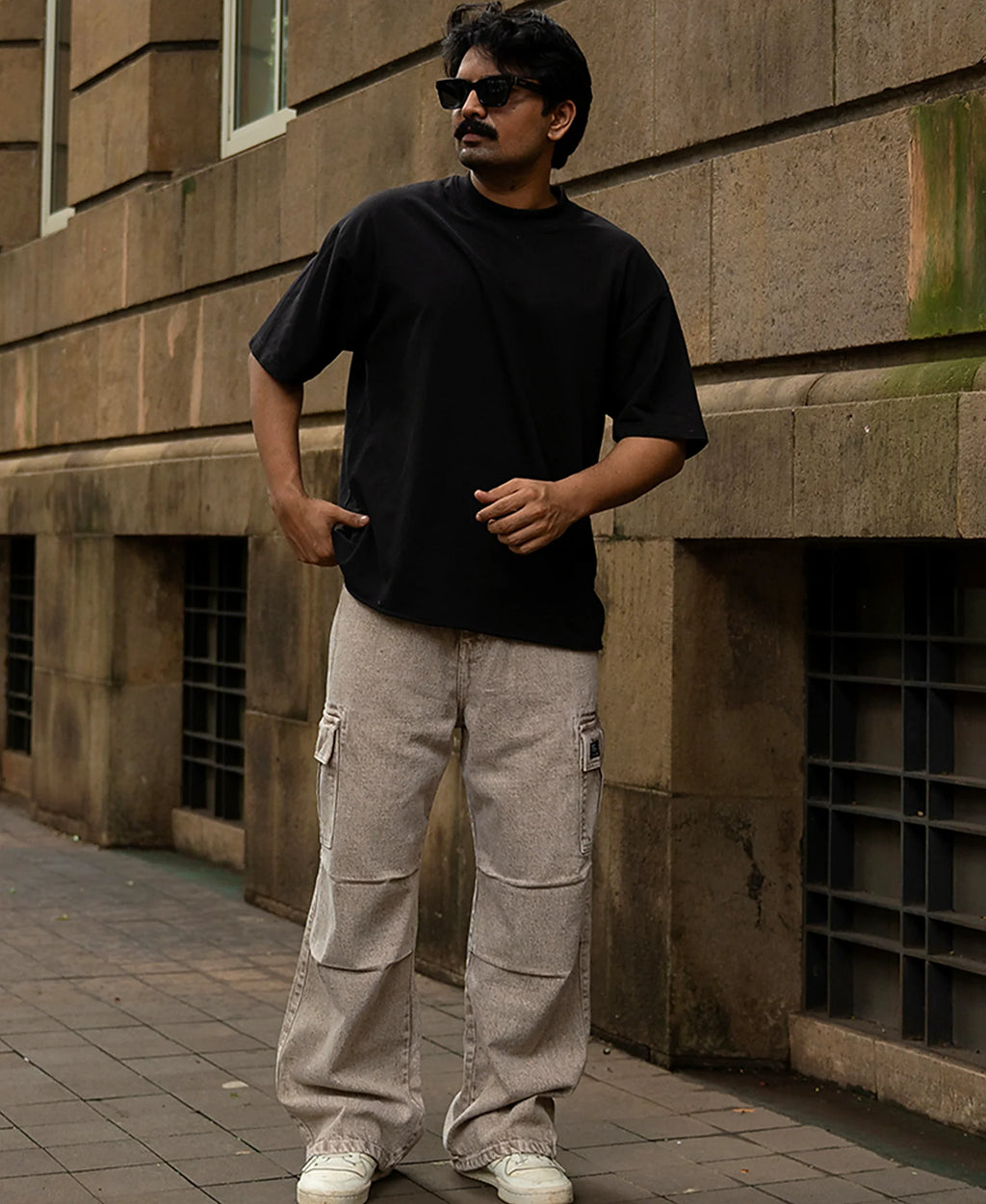 Beige Washed Cargo Jeans