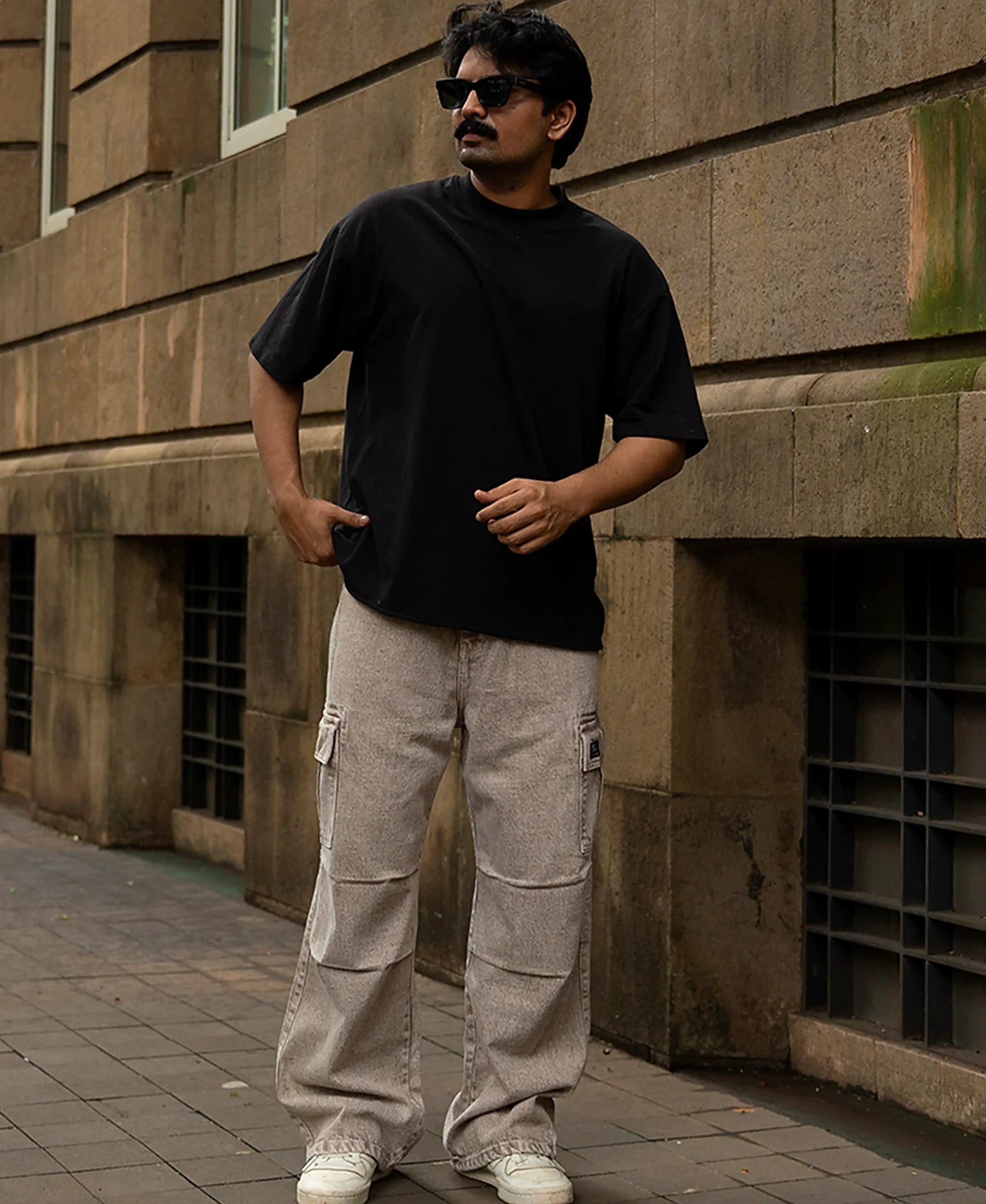 Beige Washed Cargo Jeans