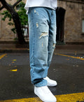 Blue jeans with a baggy leg