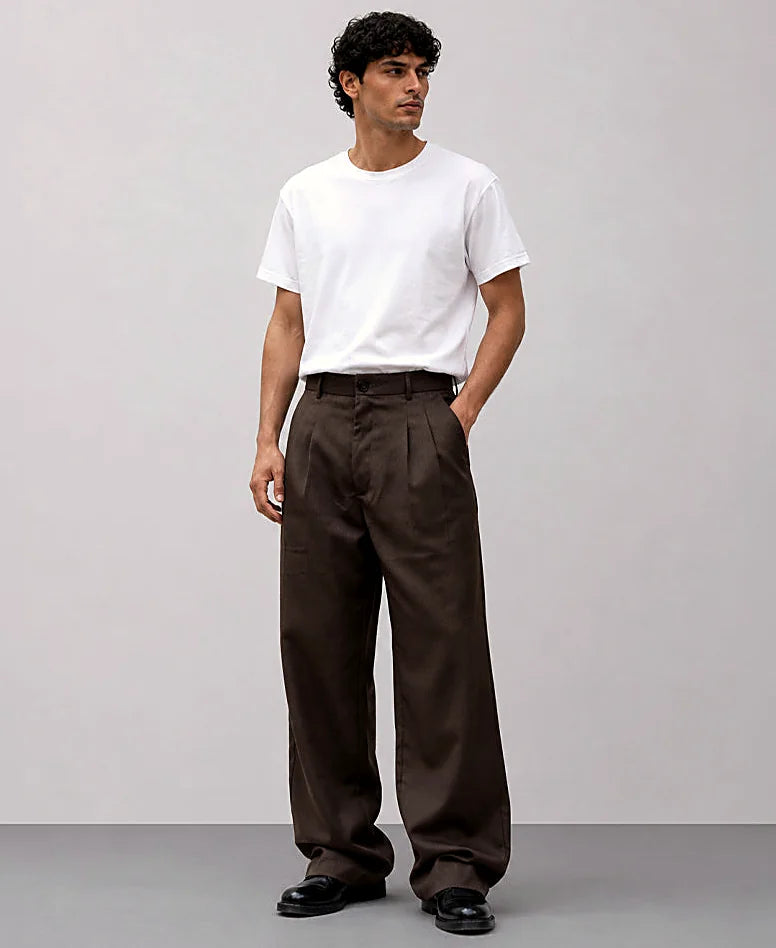 Brown Pleated Baggy Trousers