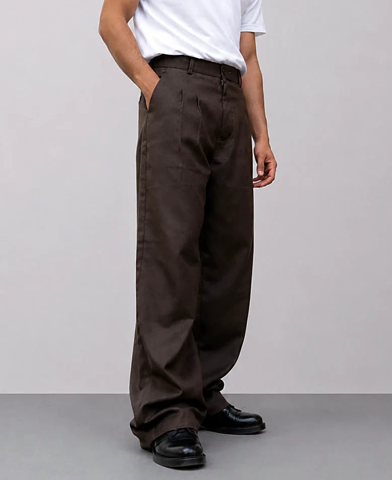 Brown Pleated Baggy Trousers