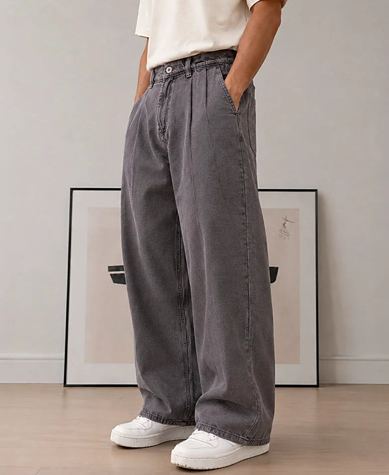 Brown Pleated Washed Barrel Jeans