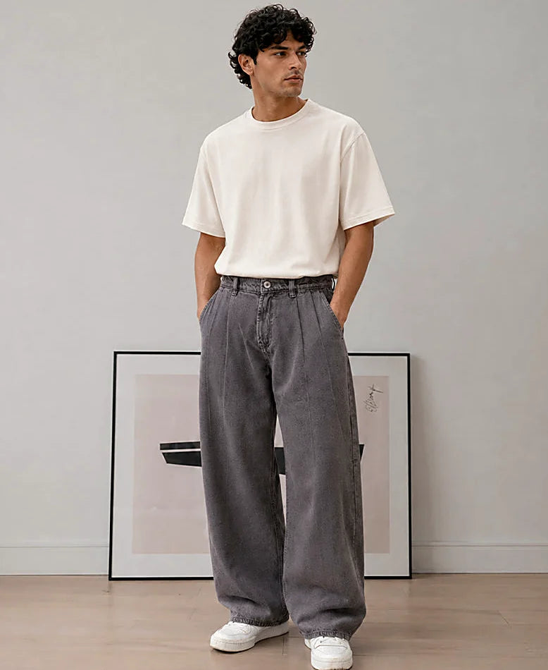 Brown Pleated Washed Barrel Jeans