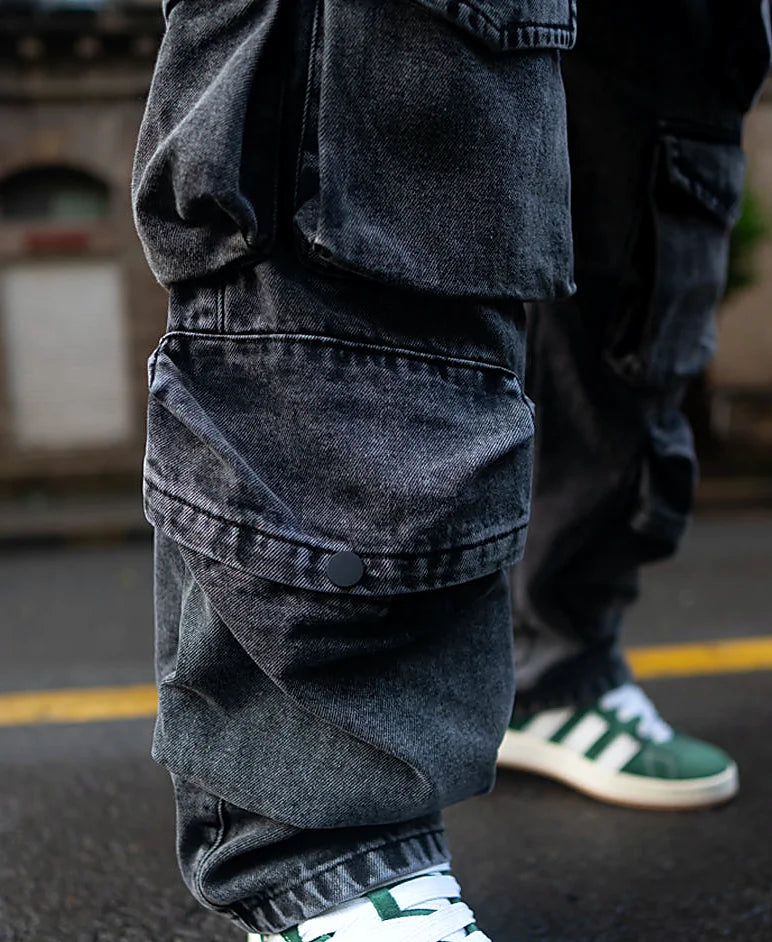 Carbon Black Baggy Fit Cargo Pockets Denim Jeans