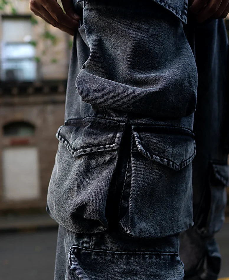 Carbon Black Baggy Fit Cargo Pockets Denim Jeans