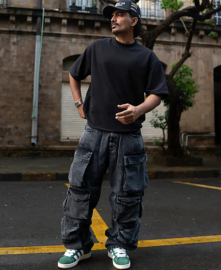 Carbon Black Baggy Fit Cargo Pockets Denim Jeans