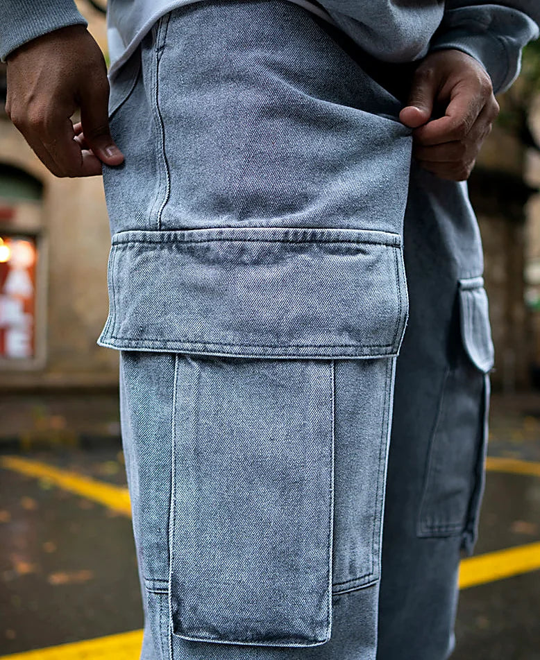 Charcoal Grey Baggy Fit Denim Jeans with Cargo Pockets