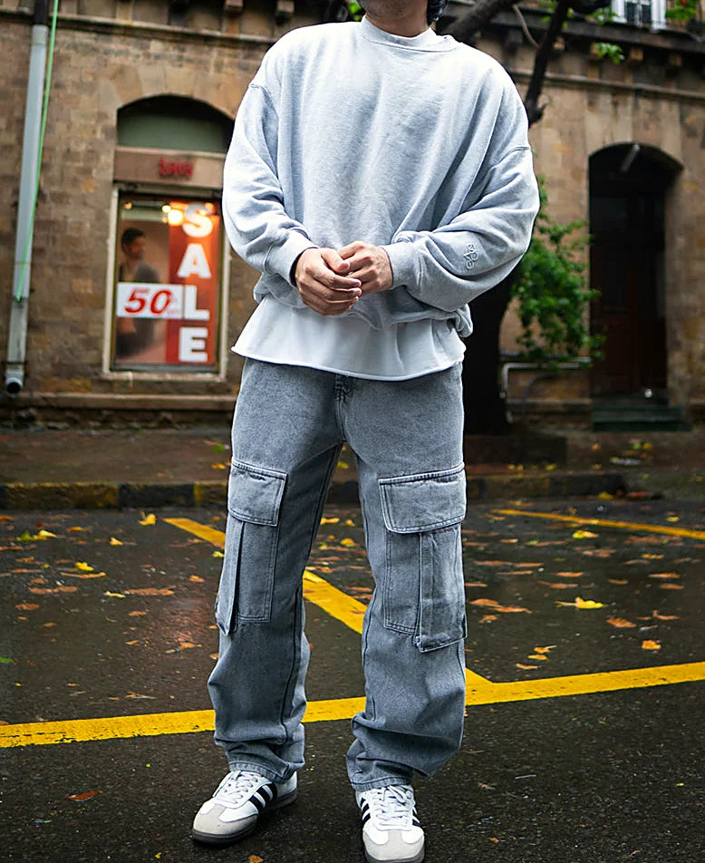 Charcoal Grey Baggy Fit Denim Jeans with Cargo Pockets