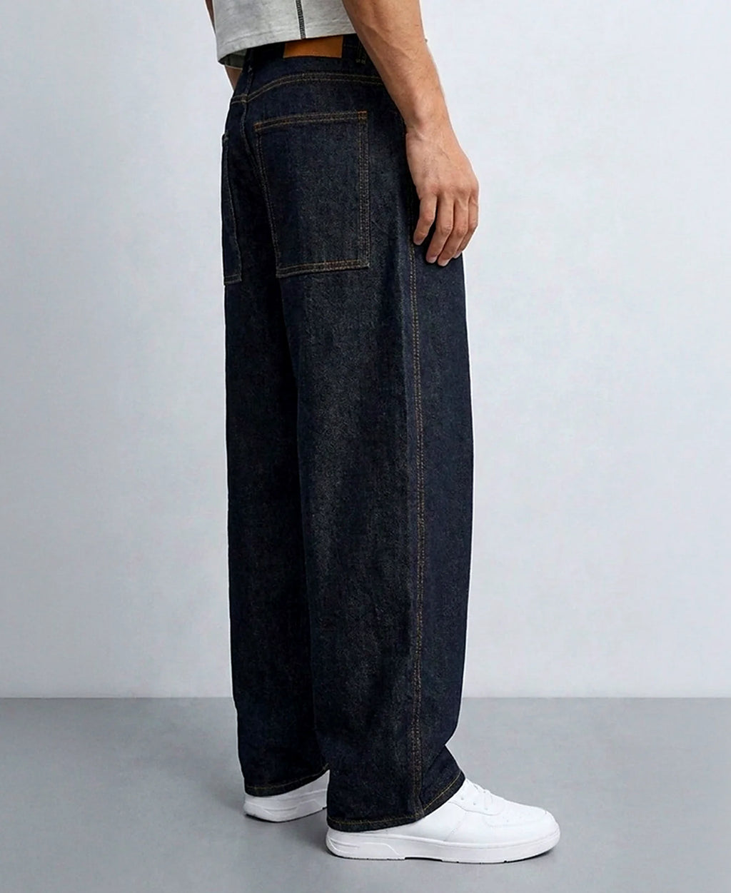 Blue jeans with a barrel leg