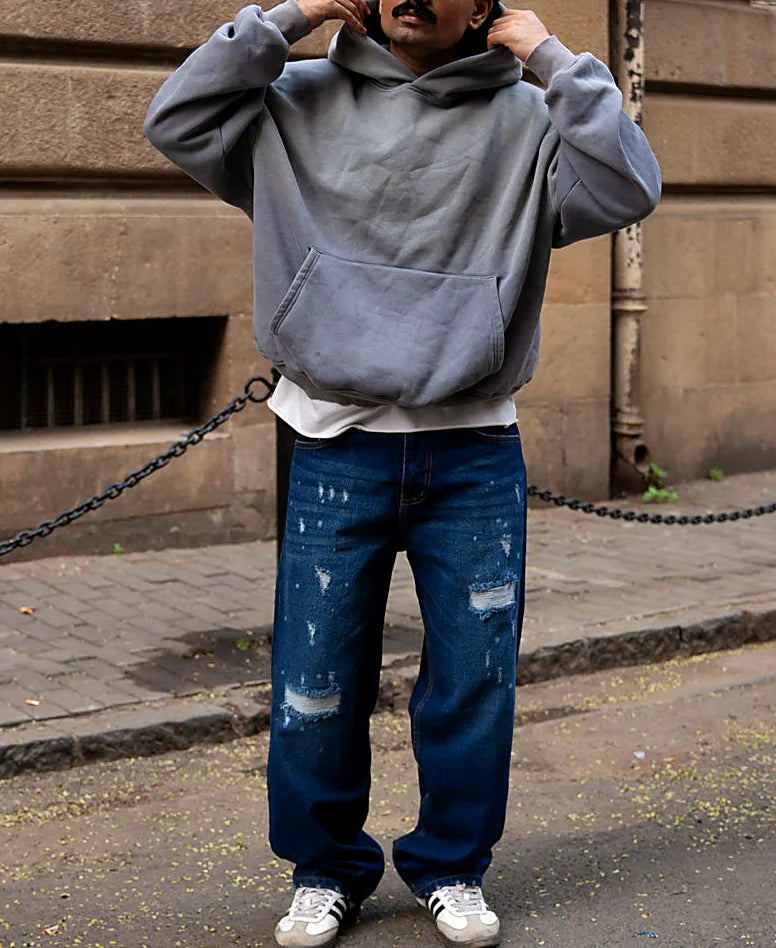 Dark Blue Distressed Baggy Fit Jeans