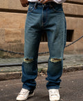 Blue jeans with a baggy leg