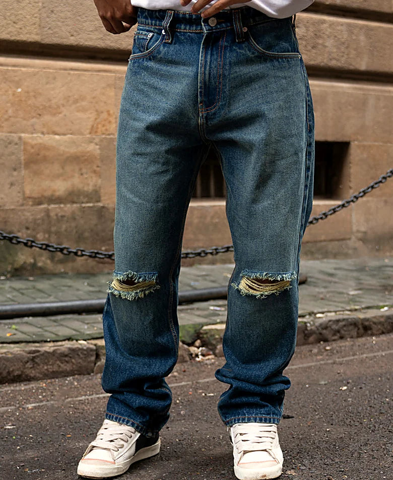 Blue jeans with a baggy leg