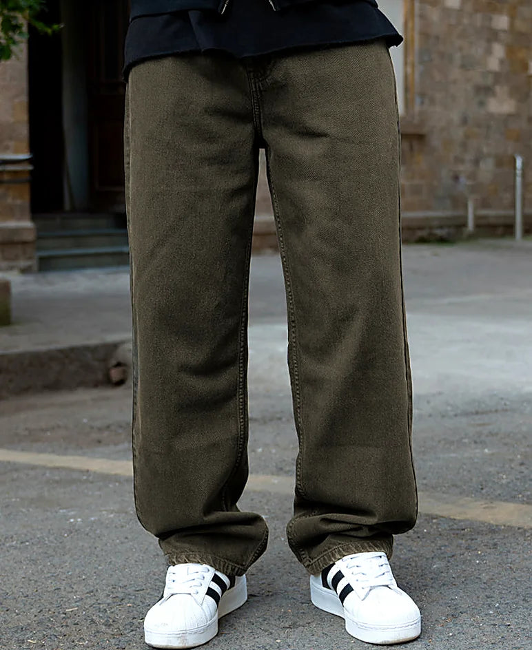 Olive jeans with a baggy leg