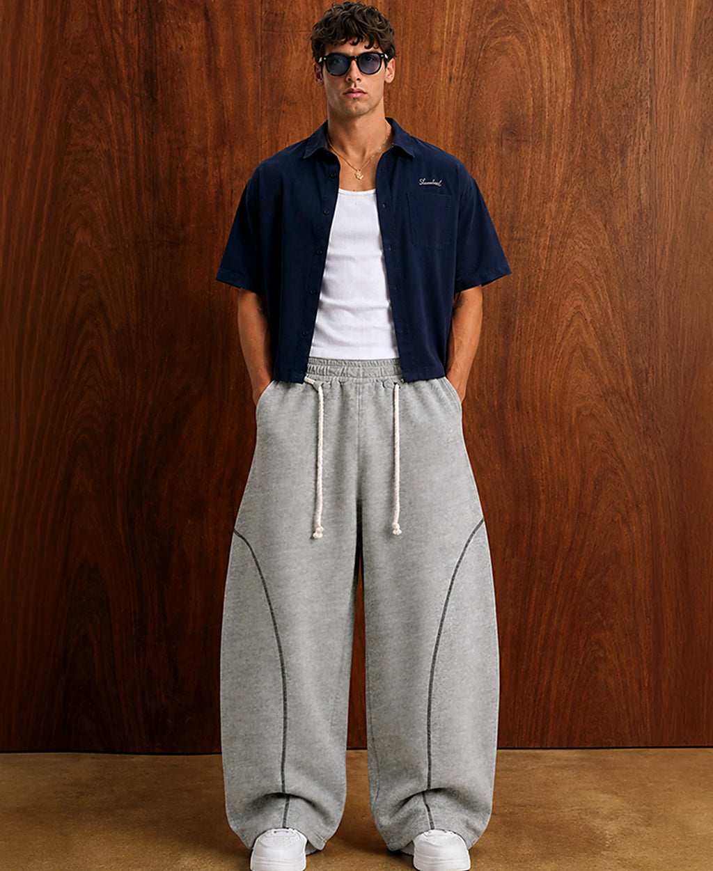 Grey Melange Paneled Baggy Trackpant