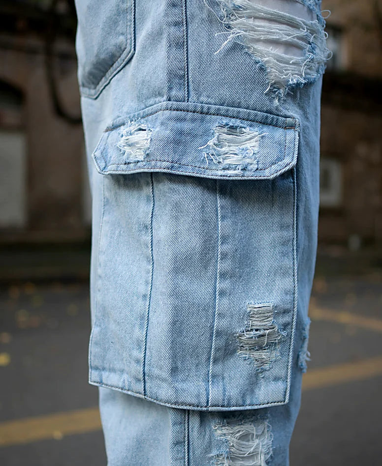 Ice Blue Baggy Fit Distressed Cargo Jeans