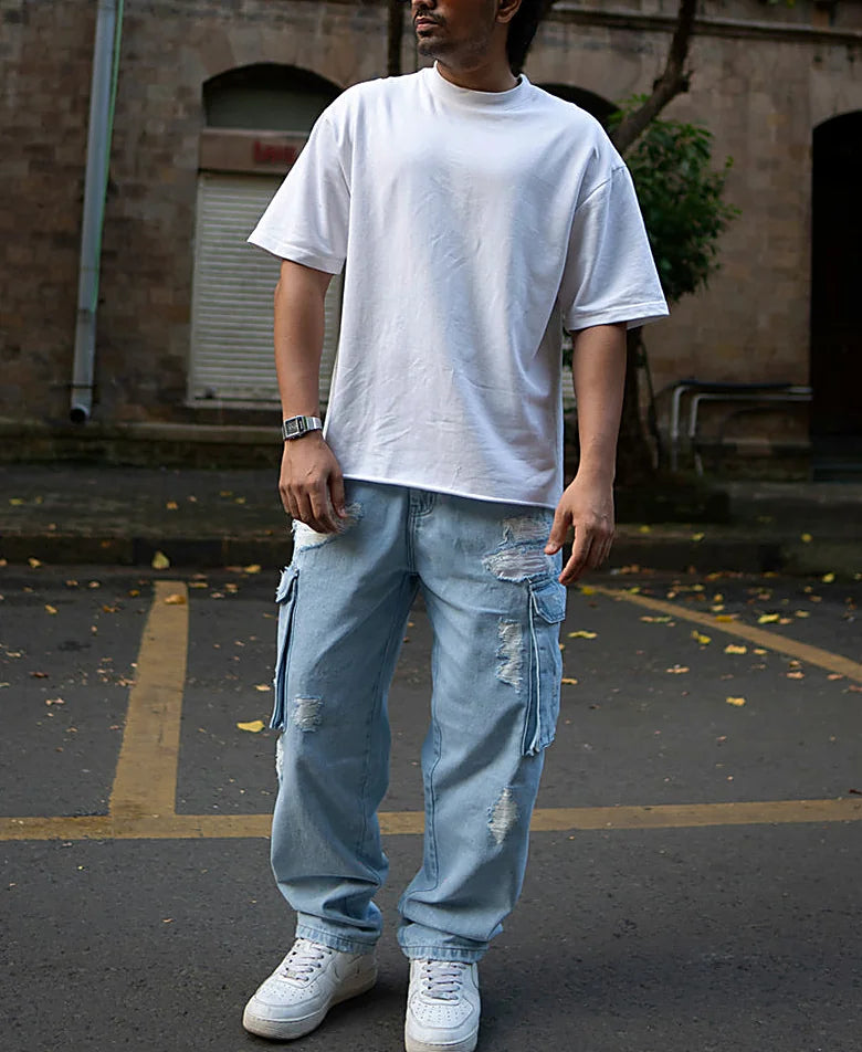 Ice Blue Baggy Fit Distressed Cargo Jeans