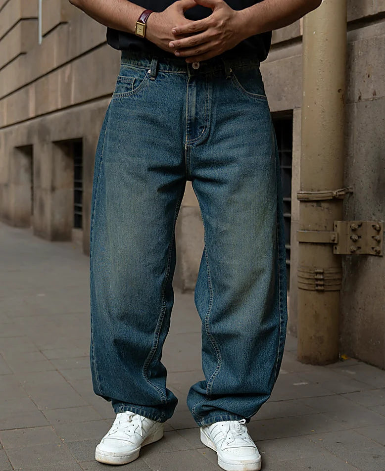 Blue jeans with a barrel leg
