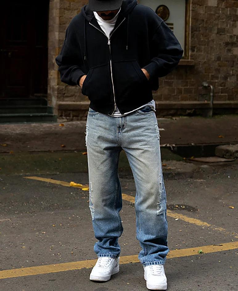 Mid Blue Baggy Distressed Jeans