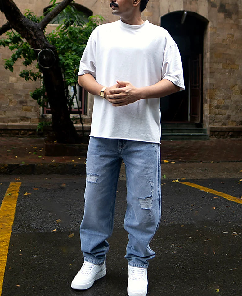 Mid Blue Baggy Ripped Jeans