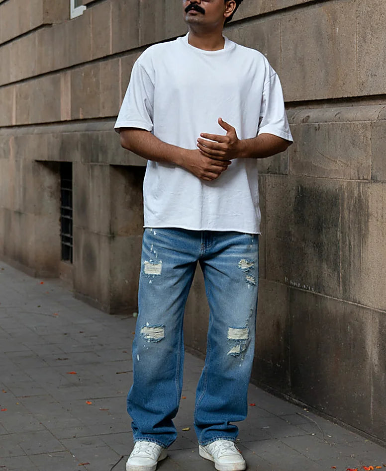 Mid Blue Distressed Baggy Jeans