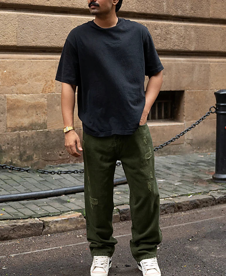 Olive Distress Baggy Jeans