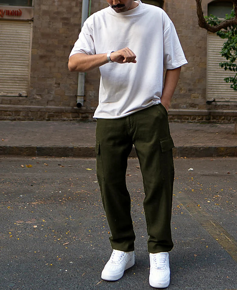Olive Structured Cotton Trouser