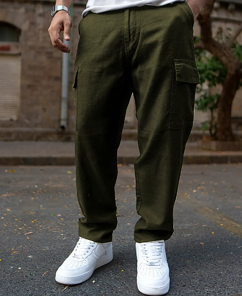 Olive trousers with a relaxed leg