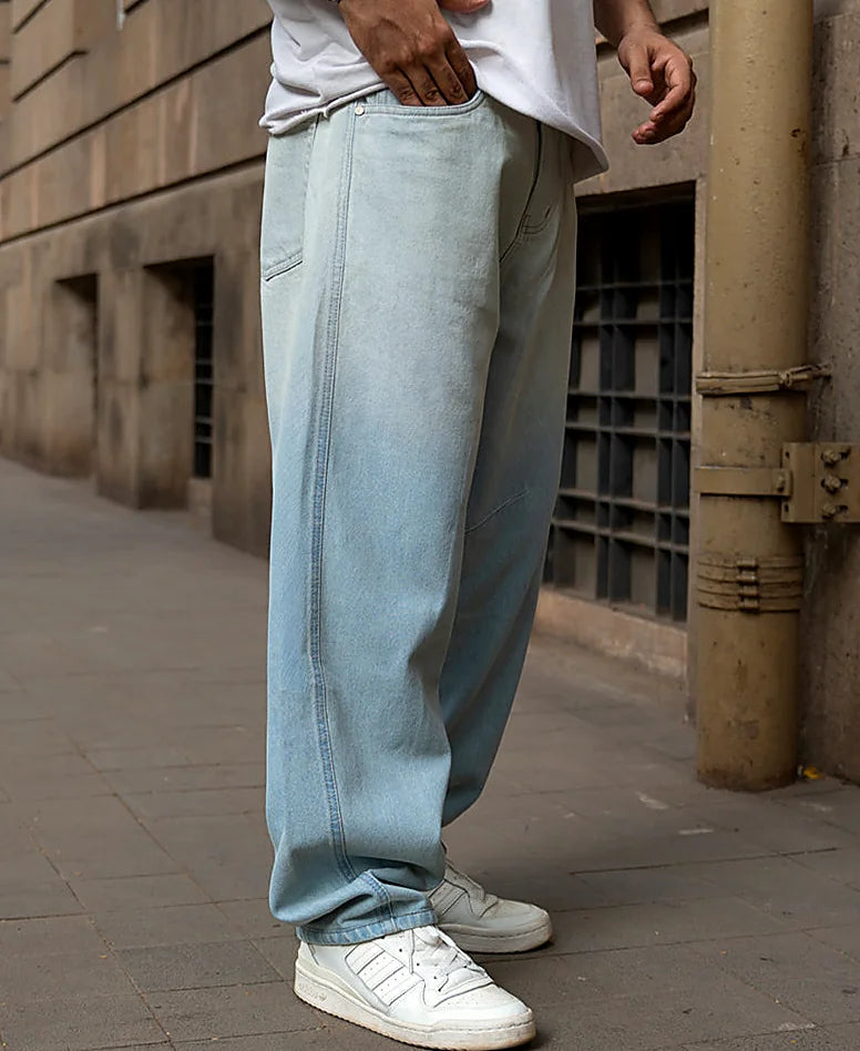 Blue jeans with a barrel leg